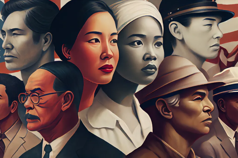 COnceptual banner featuring Asian Americans against an American flag backdrop